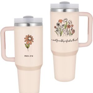 Floral Insulated Travel Mug 40 oz- hot 8 hours, cold 12 hours- Cream